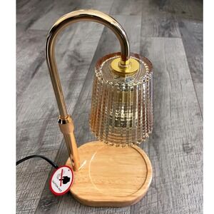 Candle Warmer Lamp Amber Fluted Glass Wood Base Gold Dimmable YL-11015-50W-L